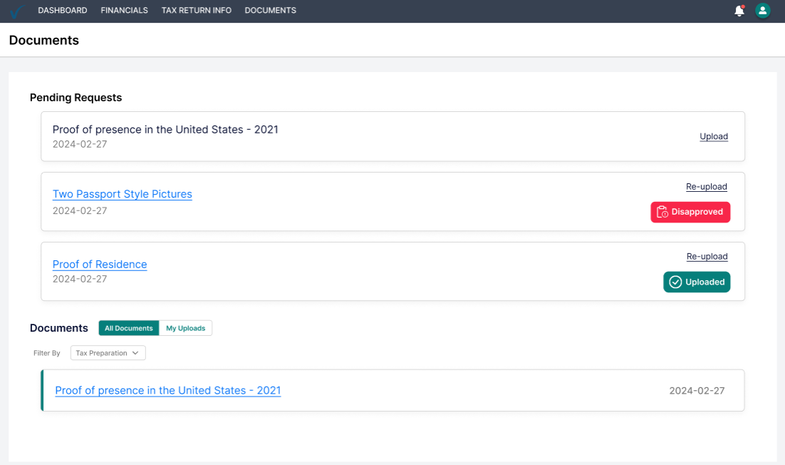 Client Portal document view: pending requests with Upload, Re-upload, Disapproved and Uploaded statuses