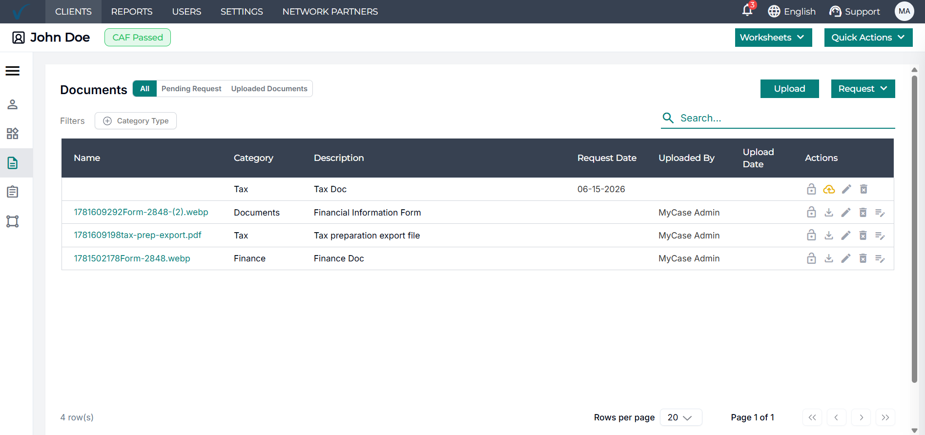 Practitioner document table: name, category, description, request and upload dates, uploaded-by, and per-row actions
