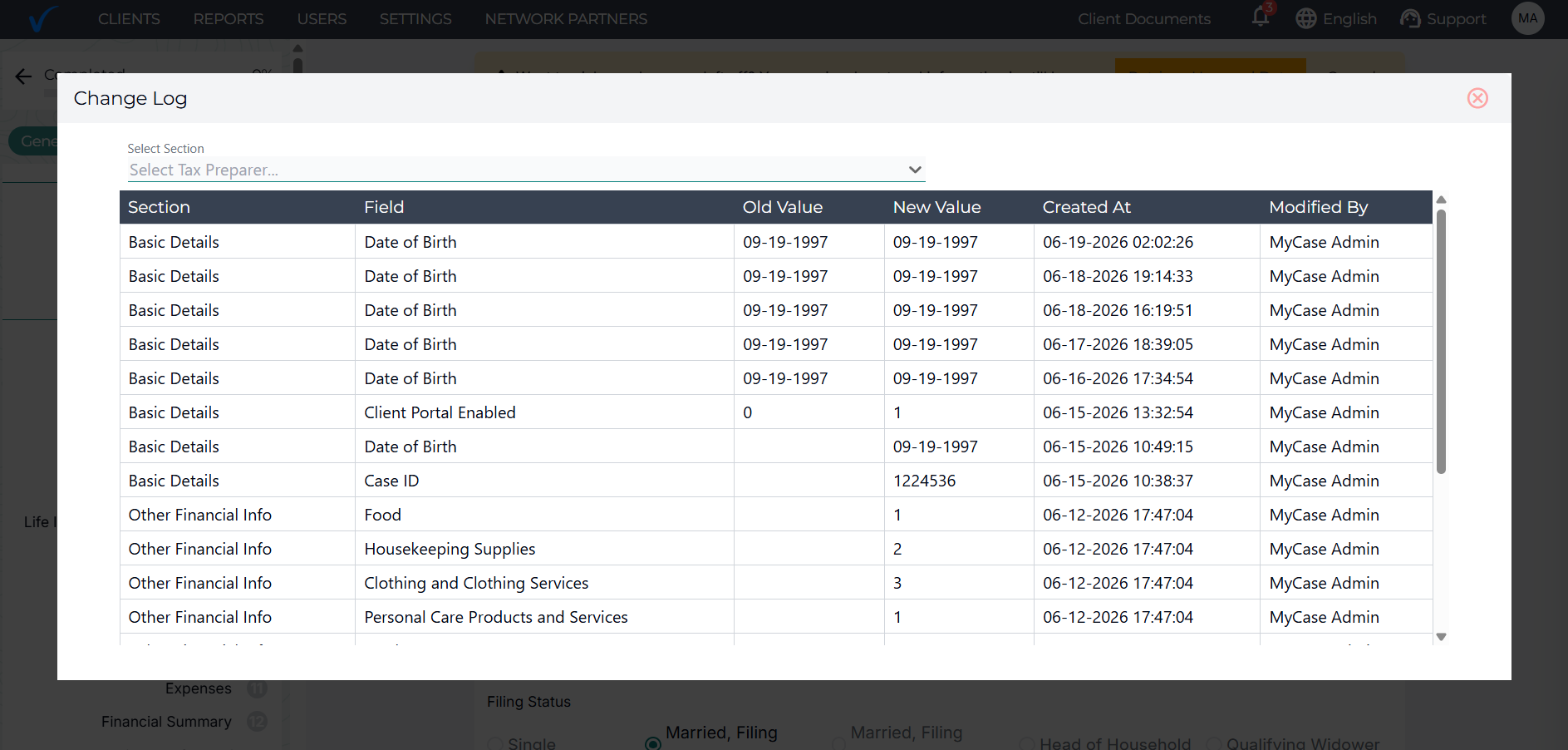 TaxVero audit trail of worksheet edits and signoffs with timestamps