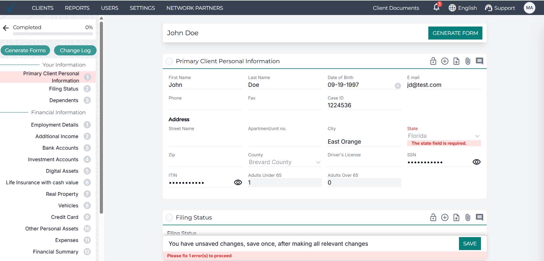 TaxVero worksheet flagging missing required fields before it can close