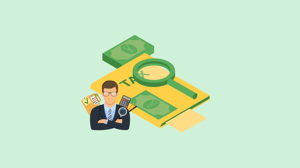 An illustration of a tax-related document with a magnifying glass, a stack of cash, and a professional holding a calculator and checklist.